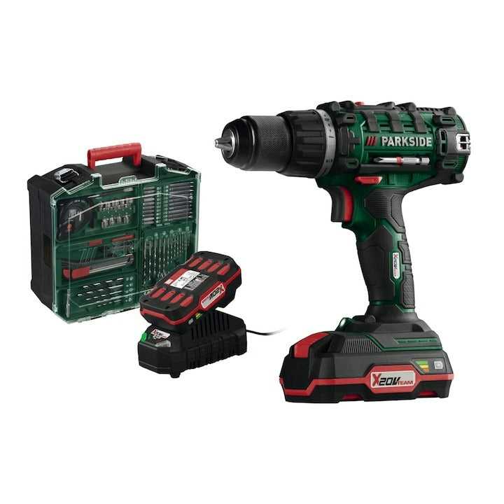 Berbequim 20 V com 2 baterias, carregador de automóvel e acessórios